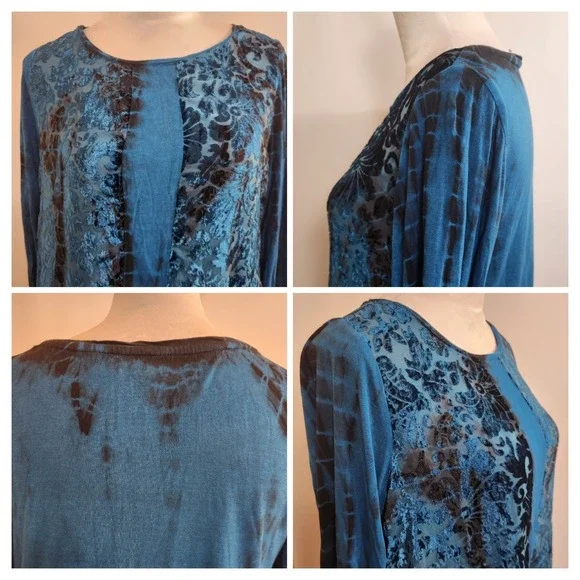 Chicos Zenergy 1 Women Velour Burnout Tunic Top Sz M Teal Long Sleeve Goth Boho - Picture 8 of 10